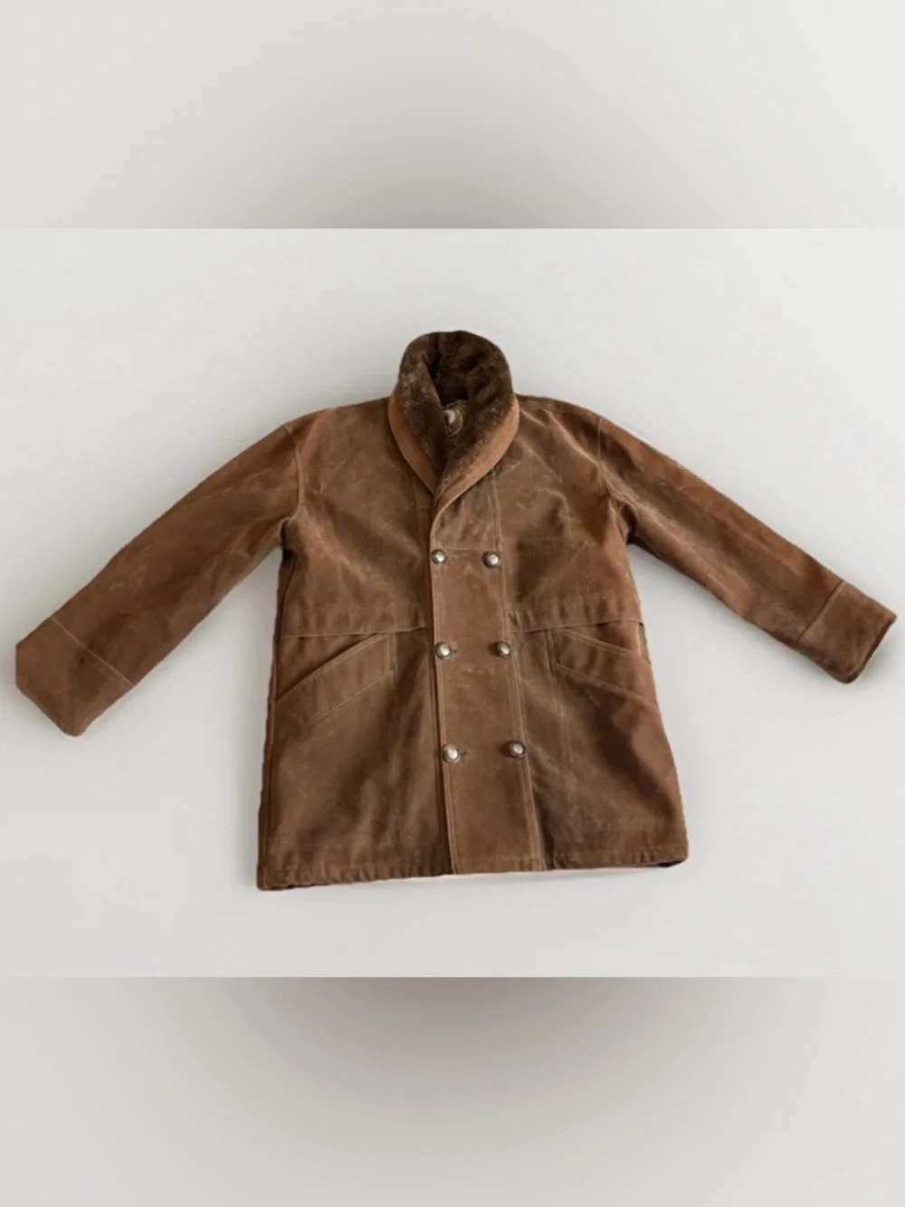 T. Shearling Men’s XL Brown Overcoat Button Shawl Collar Lined Pockets Mid - Picture 1 of 9